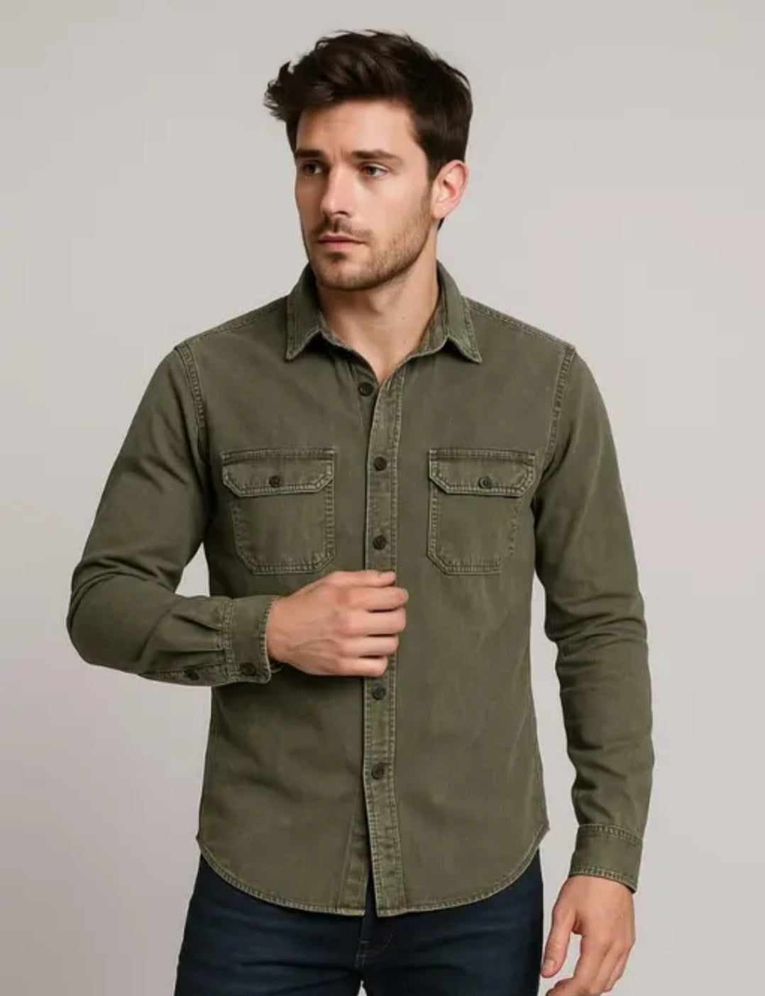 "Classic Olive Green Denim Casual Shirt for Men – Full Sleeve with Dual Front Pockets"