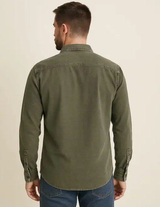 "Classic Olive Green Denim Casual Shirt for Men – Full Sleeve with Dual Front Pockets"