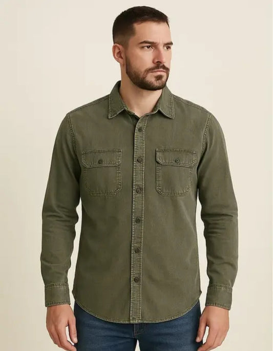 "Classic Olive Green Denim Casual Shirt for Men – Full Sleeve with Dual Front Pockets"