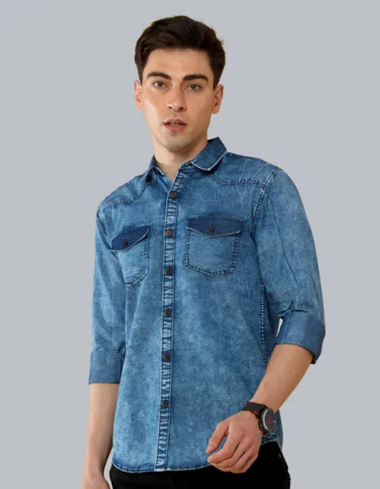 Men's blue cotton long sleeve cut away collar botton denim shirt.