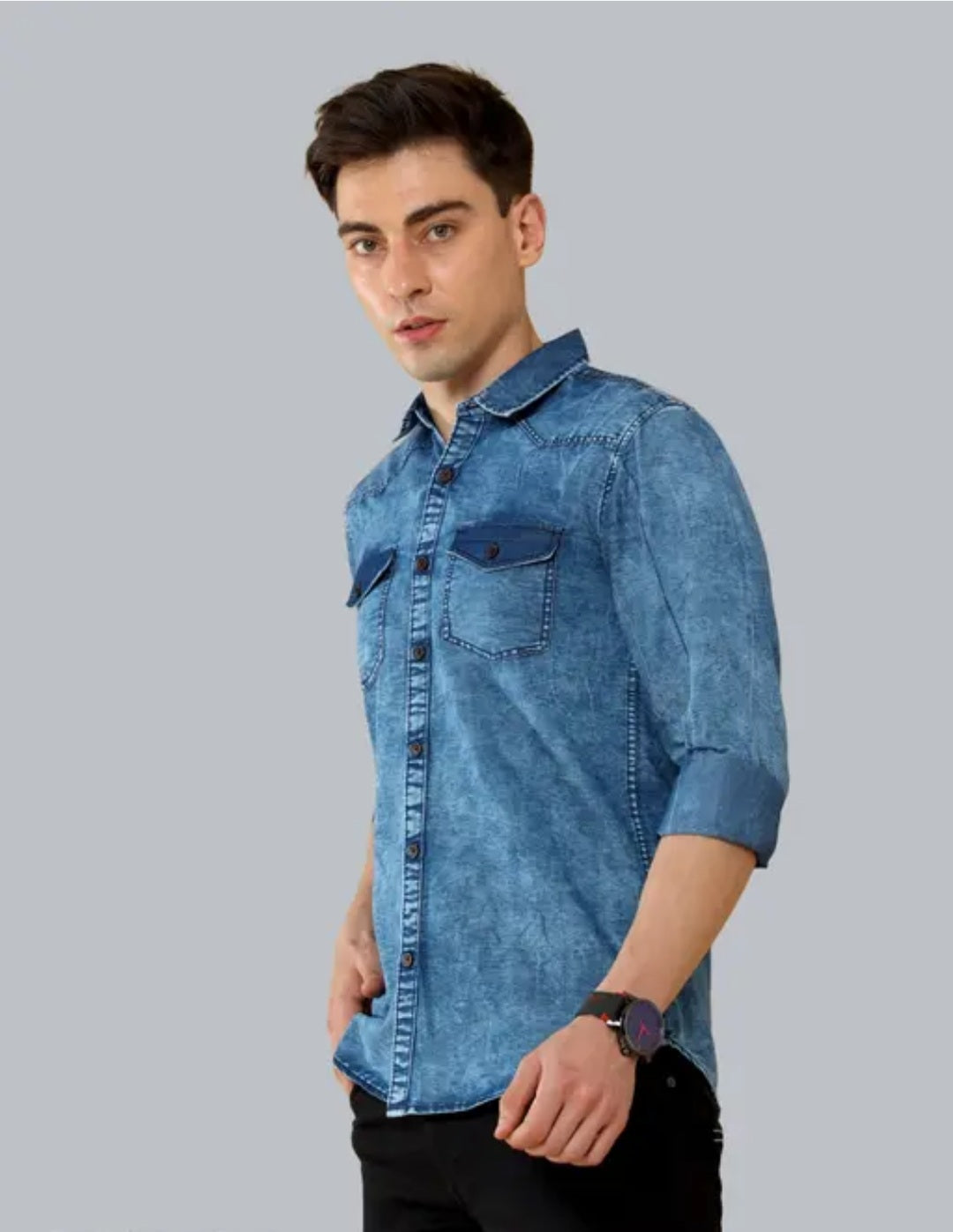 Men's blue cotton long sleeve cut away collar botton denim shirt.
