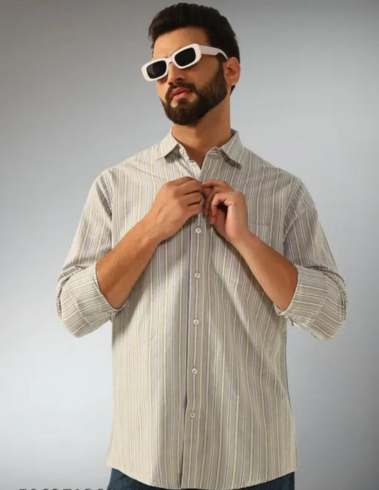 Stylish Light Grey Striped Casual Shirt for Men